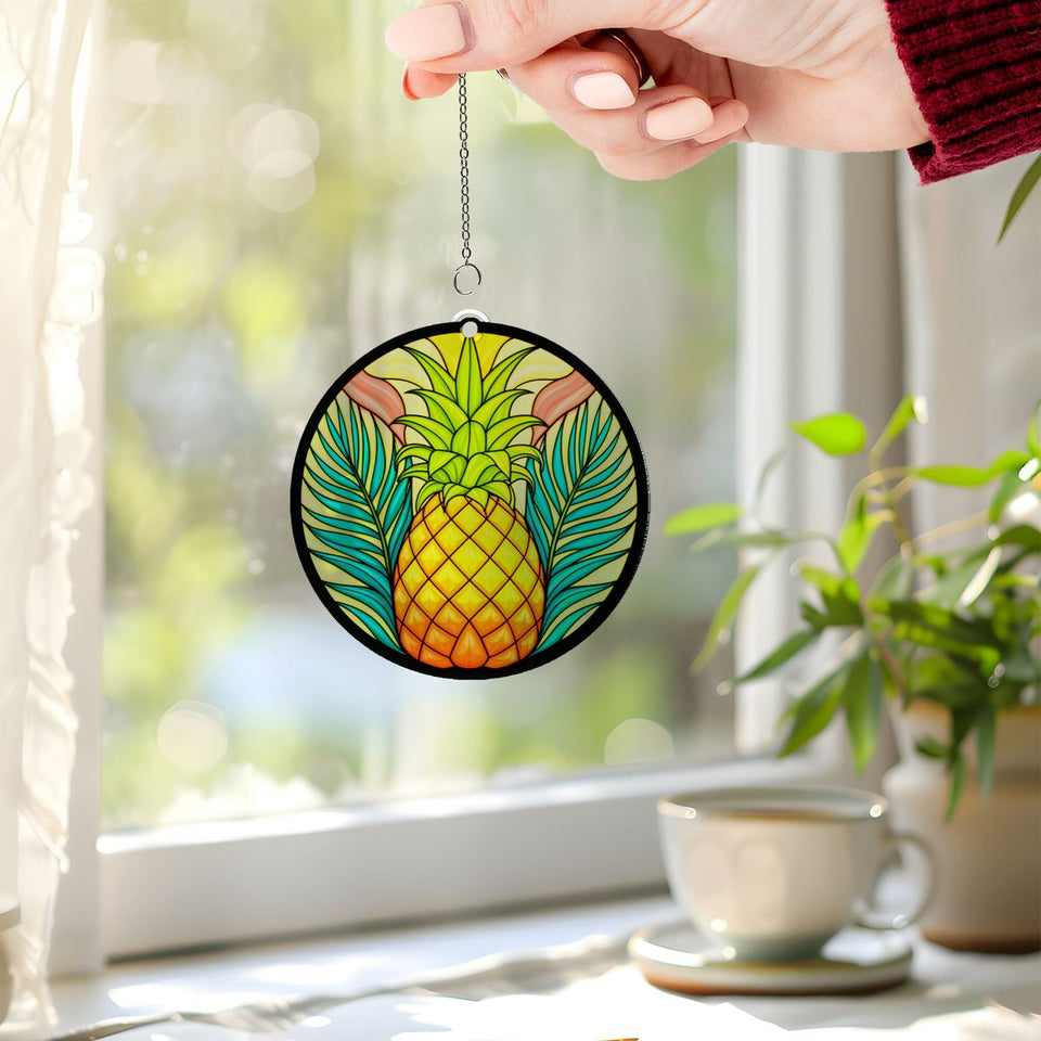 Pineapple Palm Leaf Circle Acrylic Suncatcher