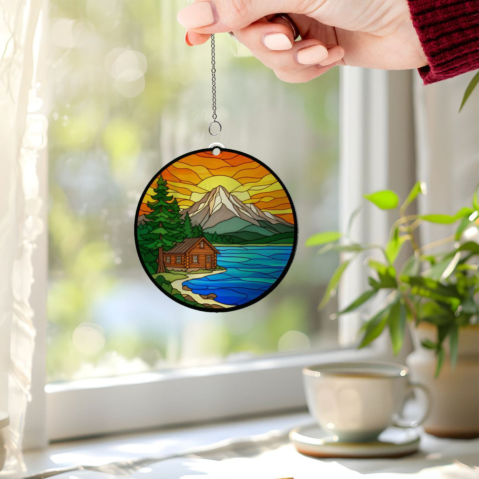Cozy Cabin Lake Circle Acrylic Suncatcher