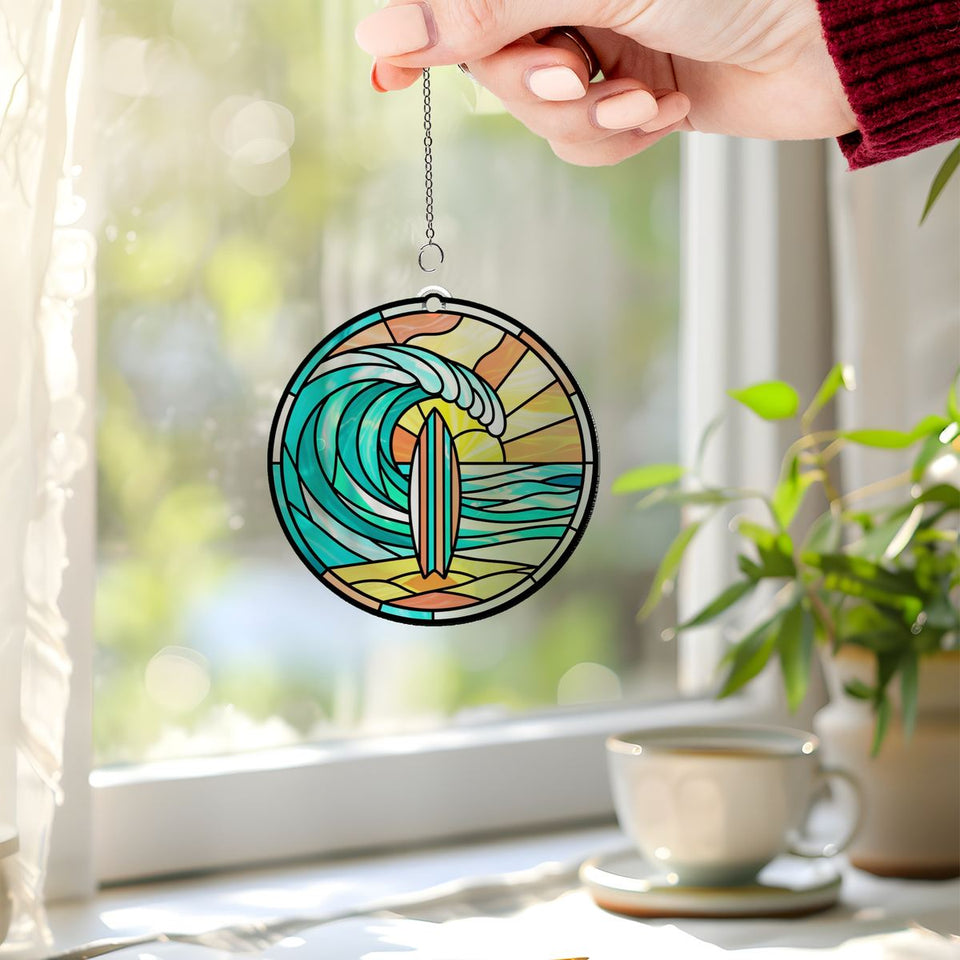 Surfboard Wave Circle Acrylic Suncatcher