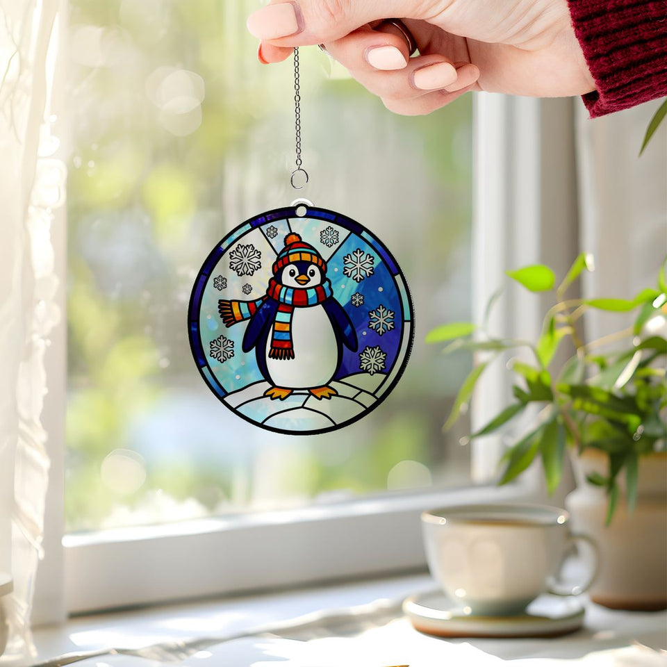 Winter Penguin Scarf Circle Acrylic Suncatcher