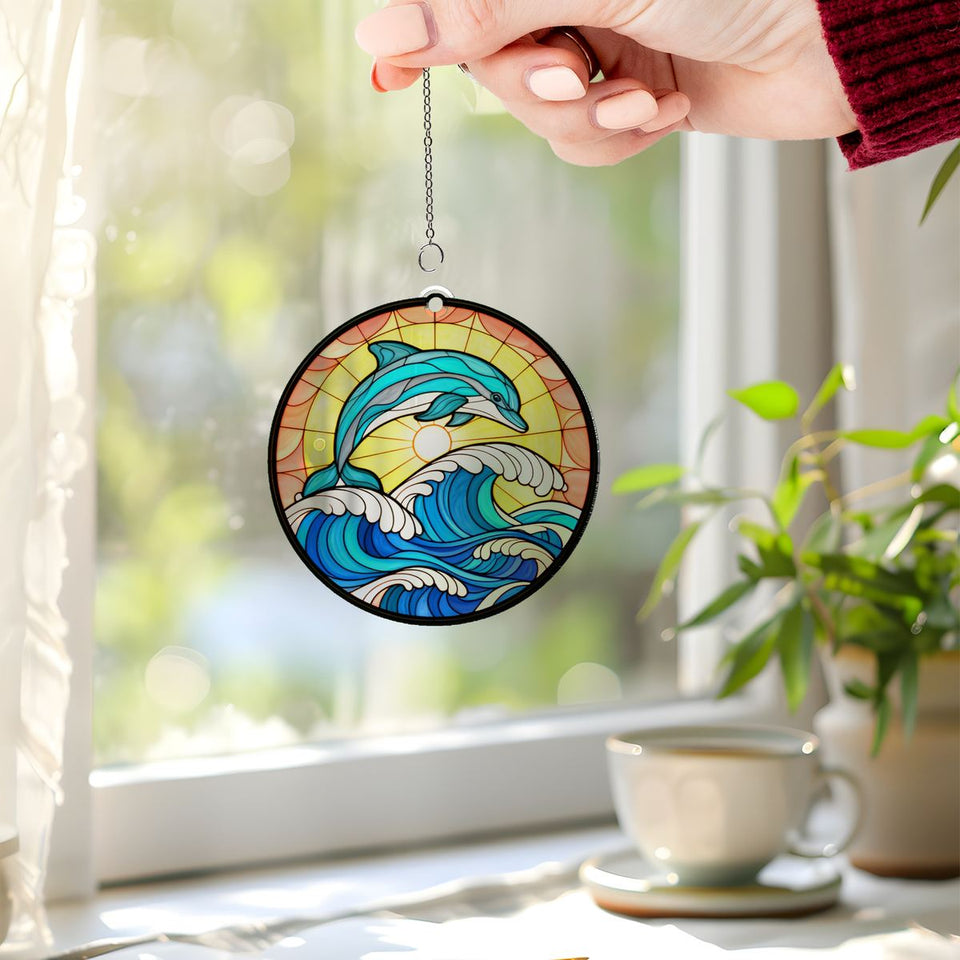 Dolphin Wave Circle Acrylic Suncatcher