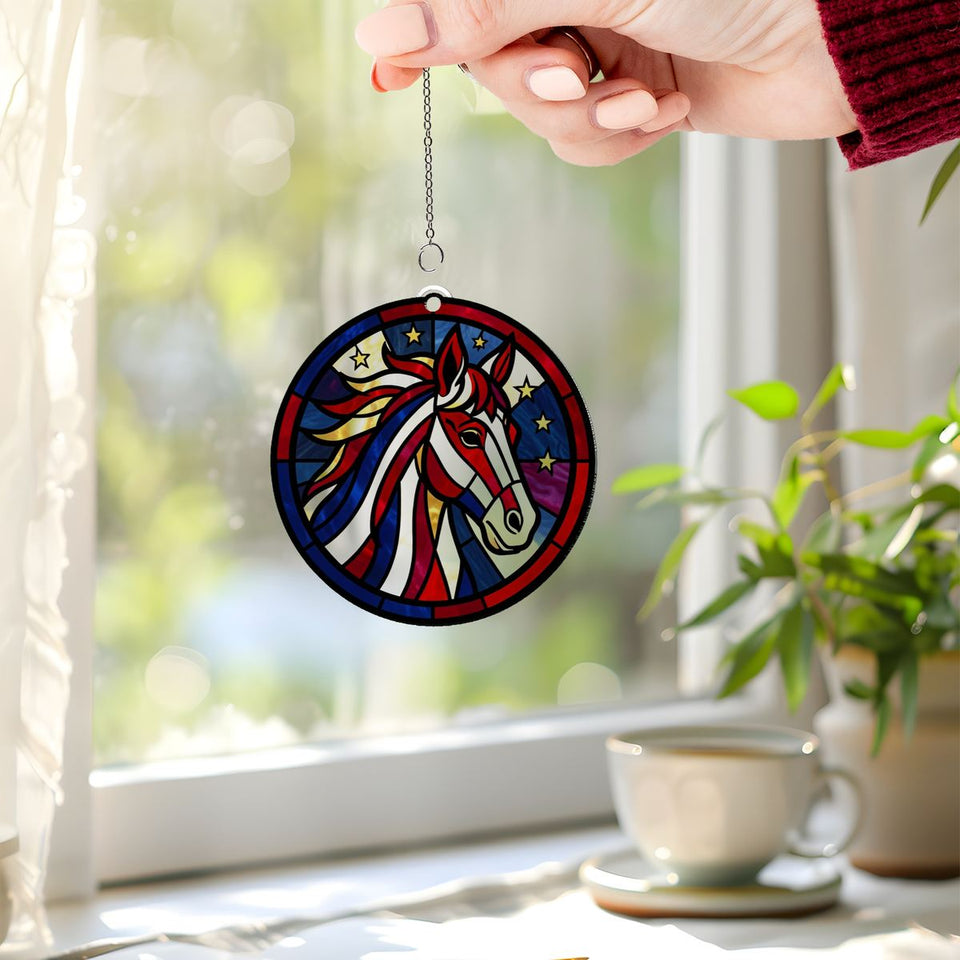 Patriotic Horse Stars Circle Acrylic Suncatcher