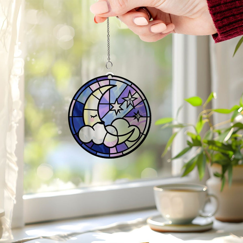 Sleepy Moon Cloud Circle Acrylic Suncatcher