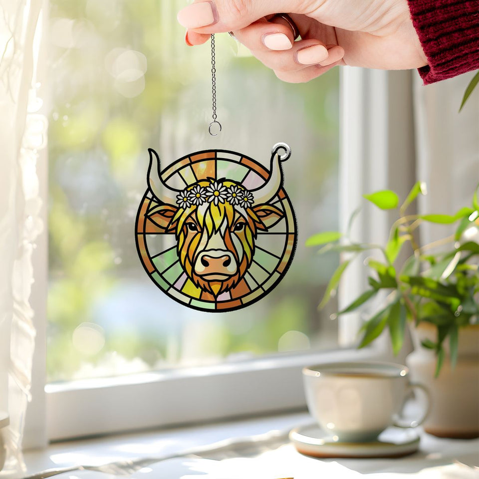Highland Cow Wildflower Circle Acrylic Suncatcher