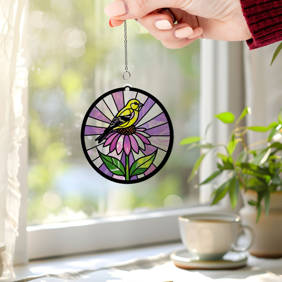 Goldfinch Coneflower Circle Acrylic Suncatcher