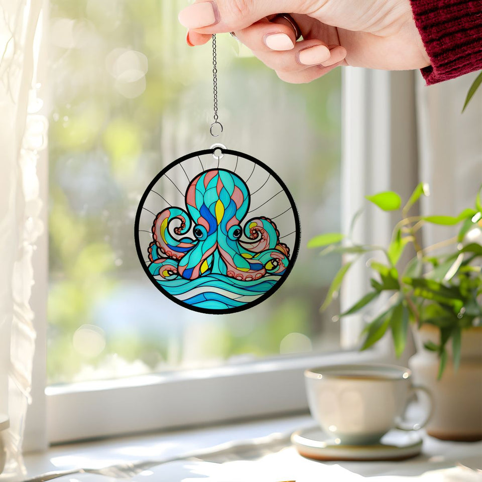 Curious Octopus Wave Circle Acrylic Suncatcher