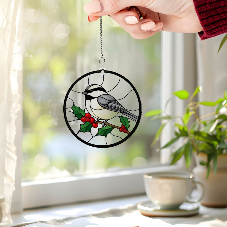Holly Berry Chickadee Circle Acrylic Suncatcher
