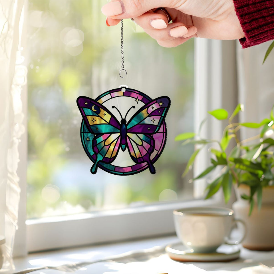 Celestial Butterfly Moon Circle Acrylic Suncatcher