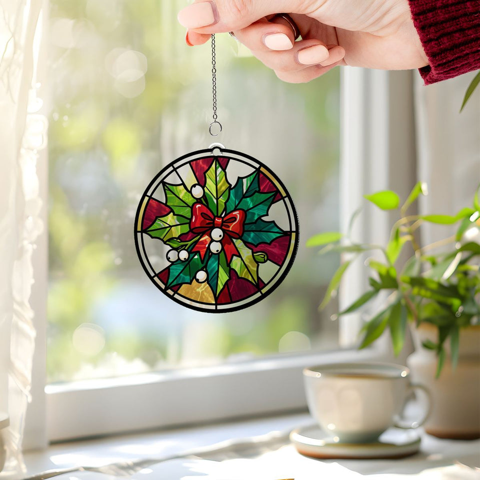 Mistletoe Bow Circle Acrylic Suncatcher