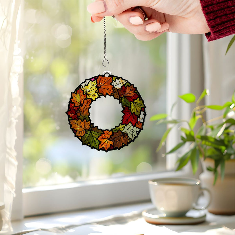 Fall Leaves Wreath Circle Acrylic Suncatcher