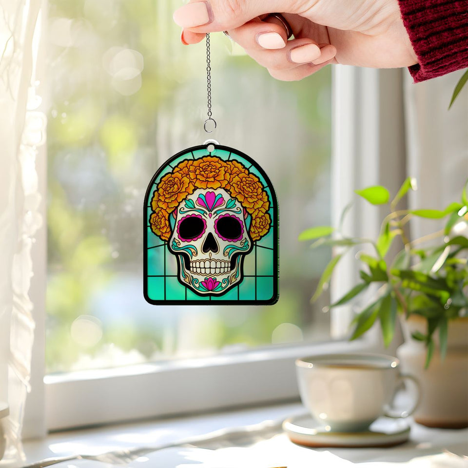 Sugar Skull Marigold Arch Acrylic Suncatcher