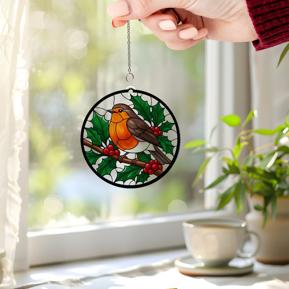 Winter Robin Berry Branch Acrylic Suncatcher