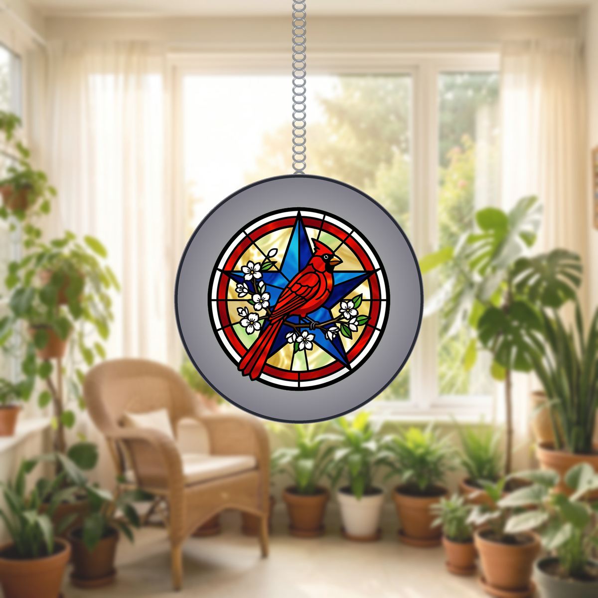 Patriotic Cardinal Star Circle Stained Glass Suncatcher