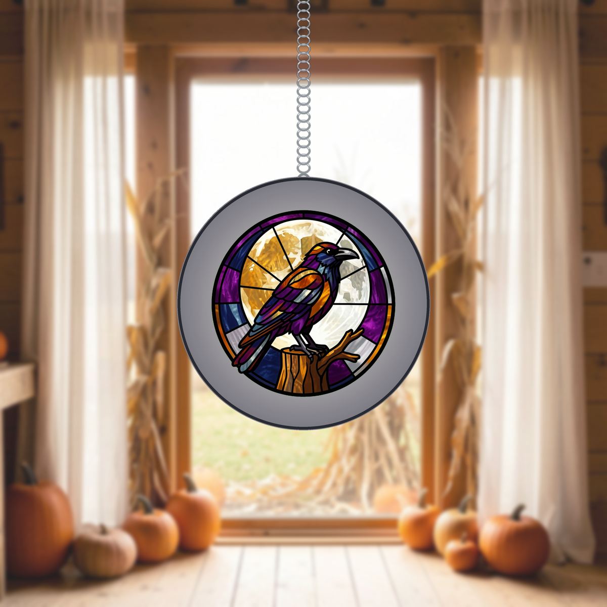 Gothic Raven Moon Circle Stained Glass Suncatcher