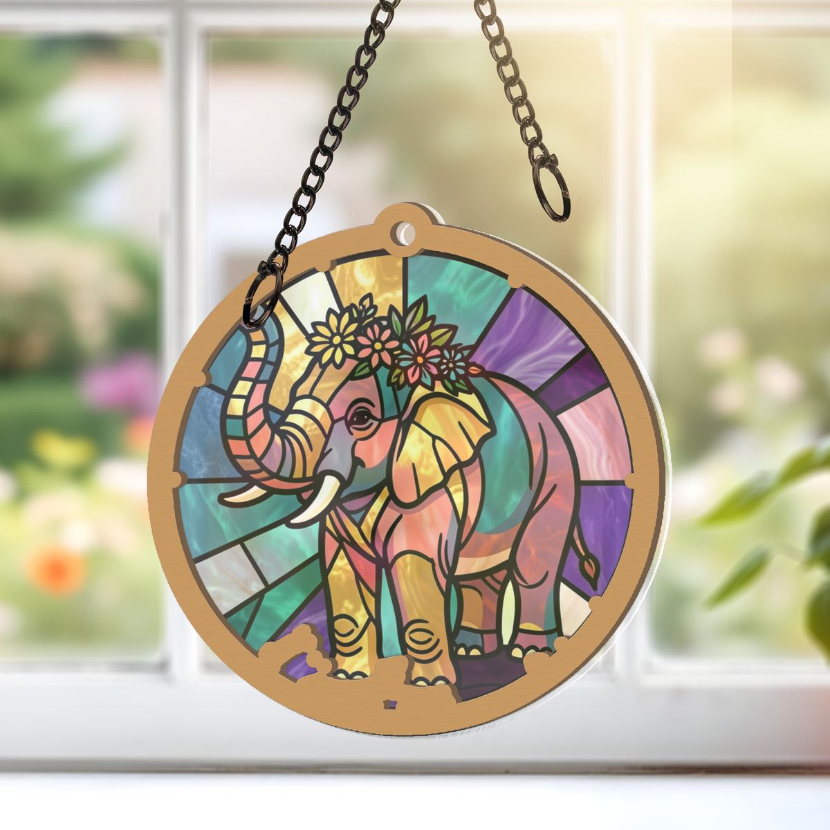 Elephant Wildflower Circle Window Hanging Suncatcher