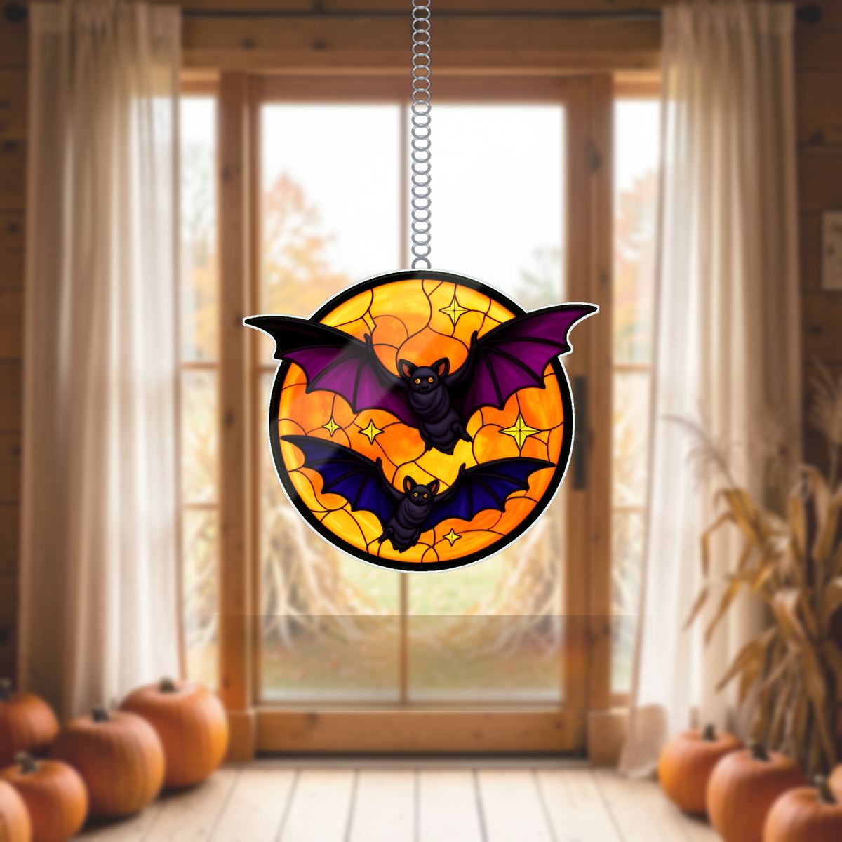 Bats Over Orange Moon Wavy Acrylic Suncatcher Ornament