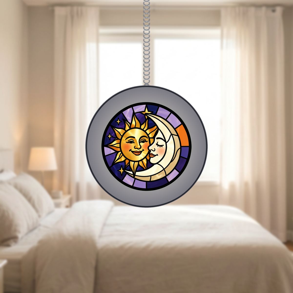 Sun and Moon Embrace Circle Stained Glass Suncatcher
