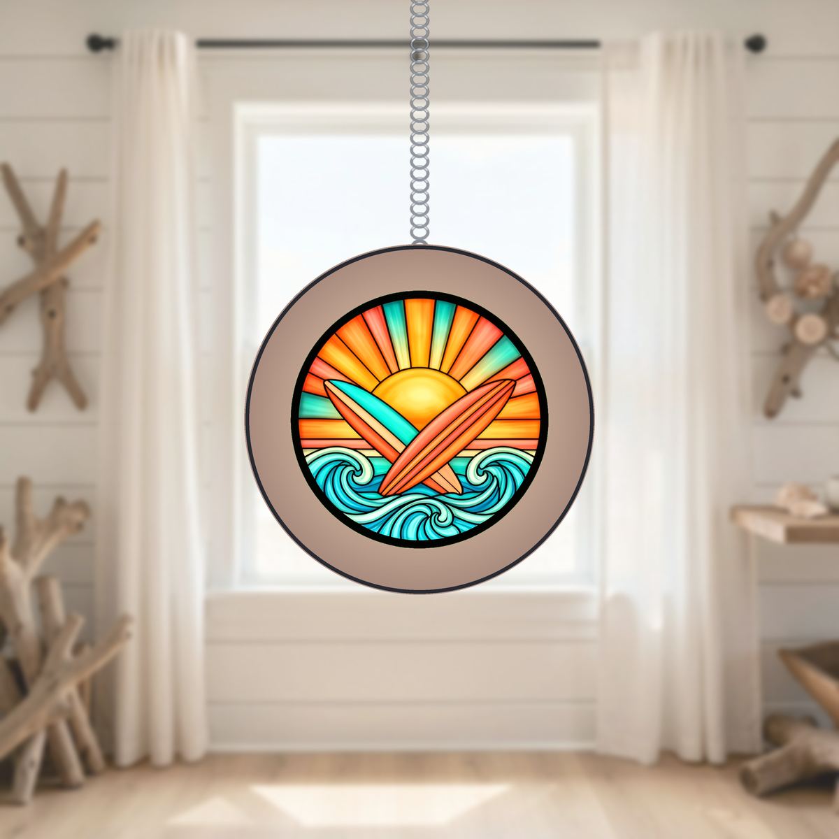 Surfboard Sunset Circle Stained Glass Suncatcher
