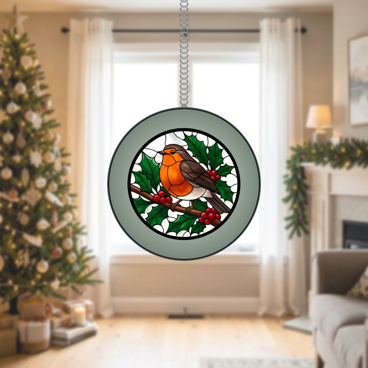 Winter Robin Berry Branch Stained Glass Suncatcher