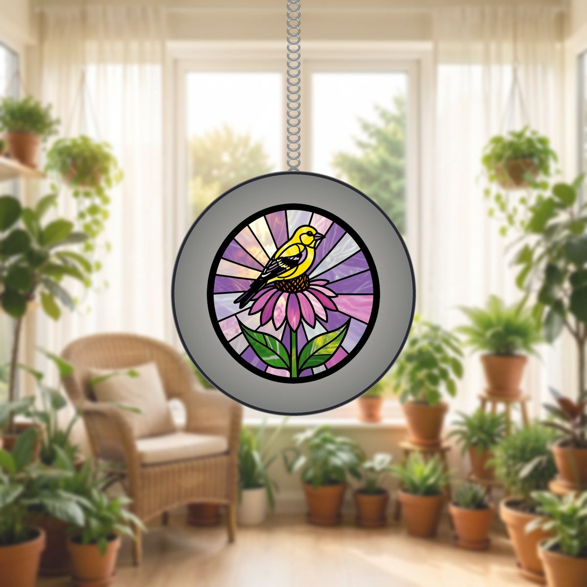 Goldfinch Coneflower Circle Stained Glass Suncatcher
