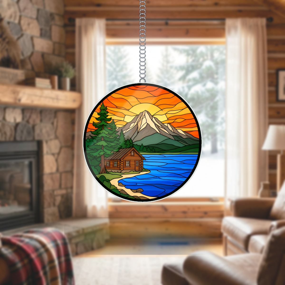 Cozy Cabin Lake Circle Wavy Acrylic Suncatcher Ornament