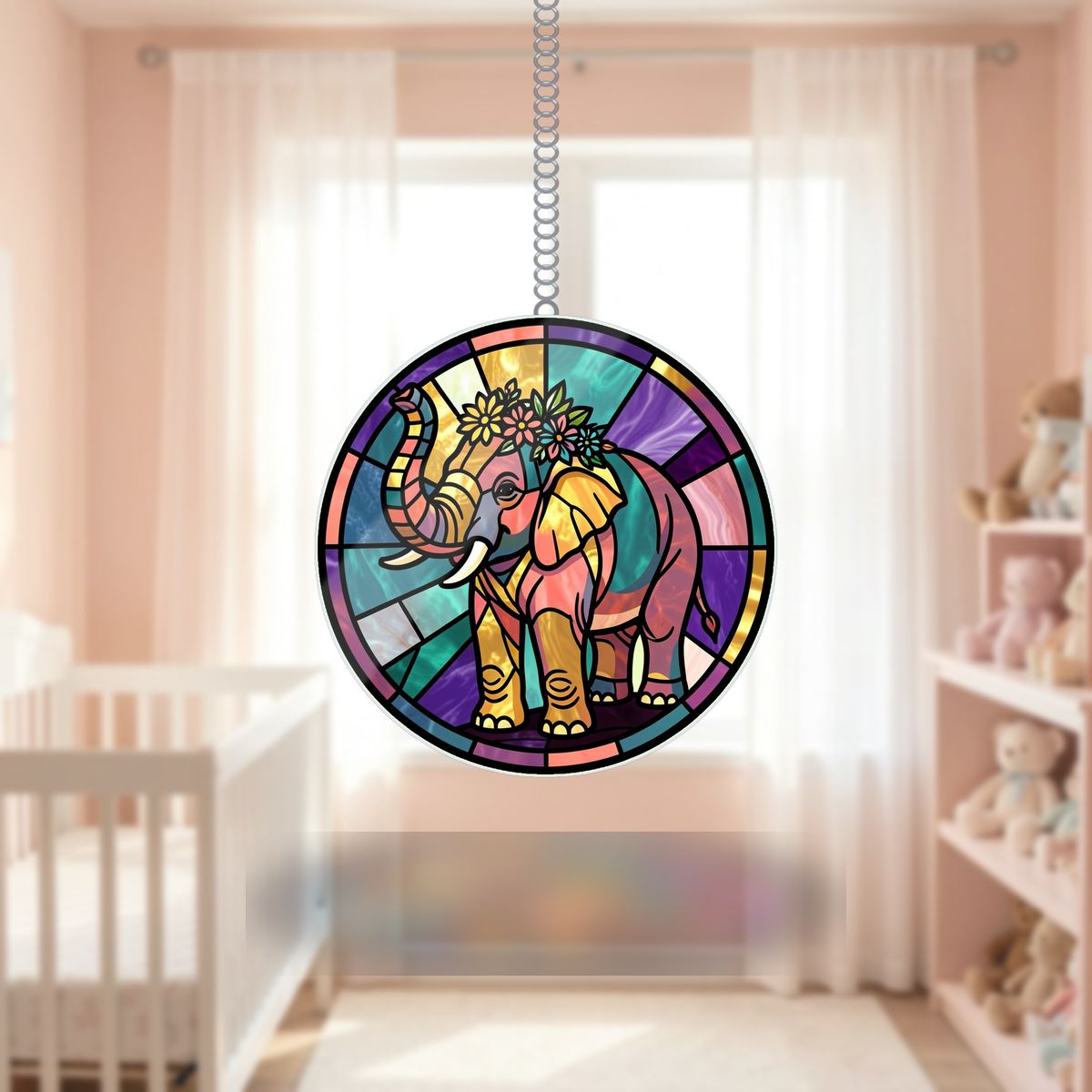 Elephant Wildflower Circle Wavy Acrylic Suncatcher Ornament