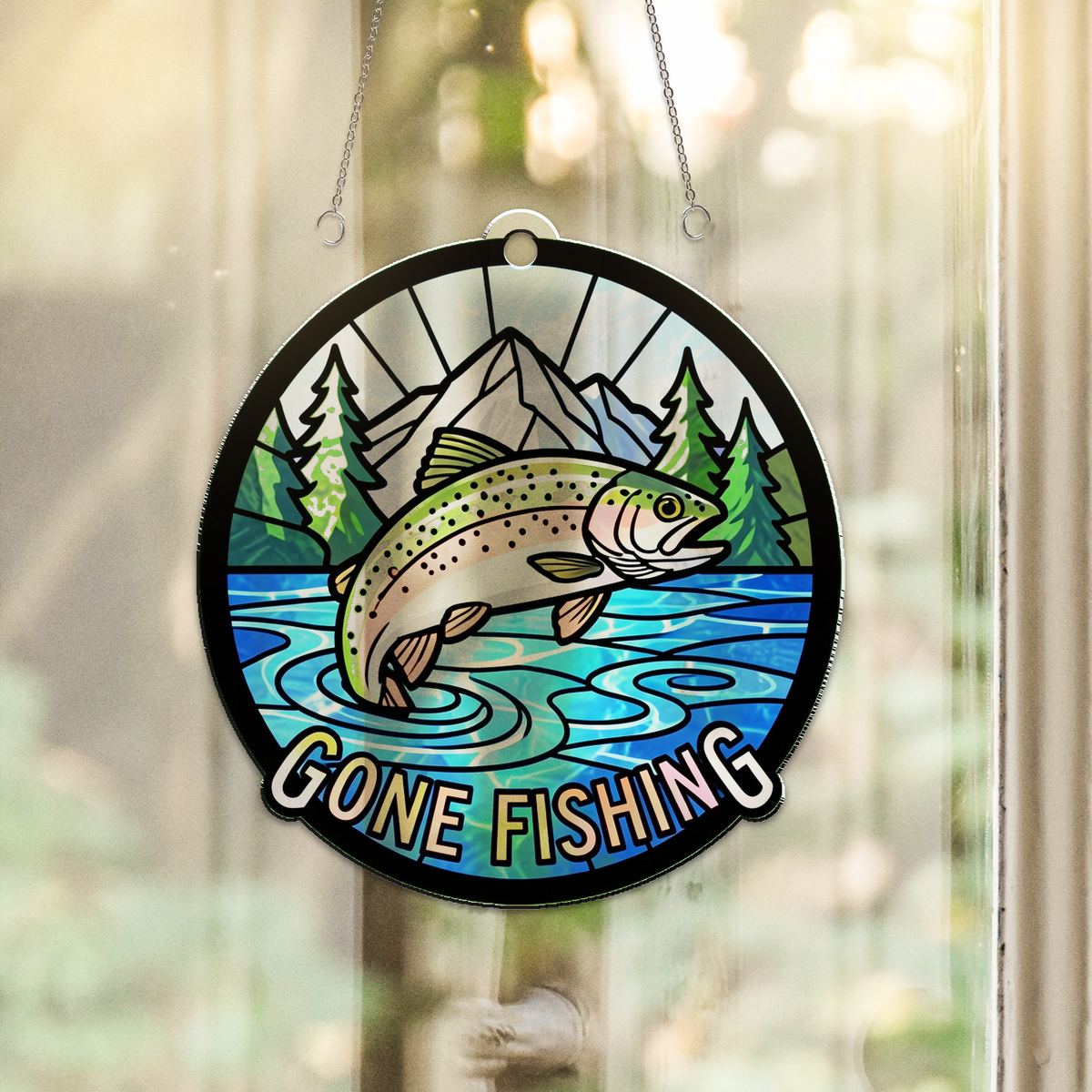 Gone Fishing Trout Circle Acrylic Suncatcher