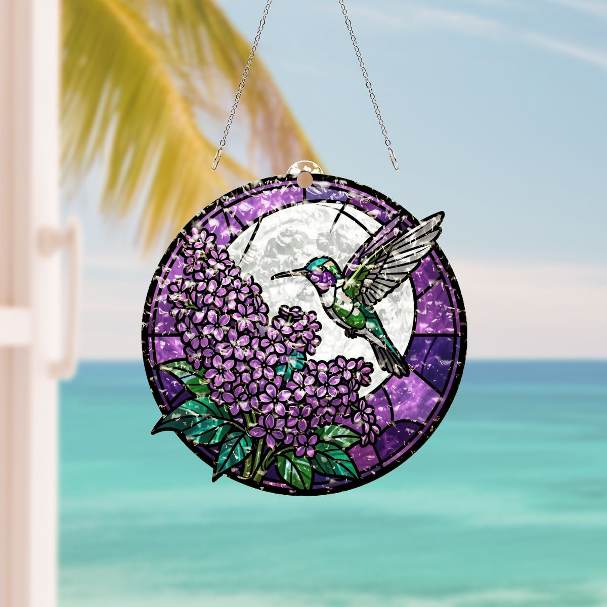 Hummingbird Lilac Moon Circle Water Ripple Suncatcher