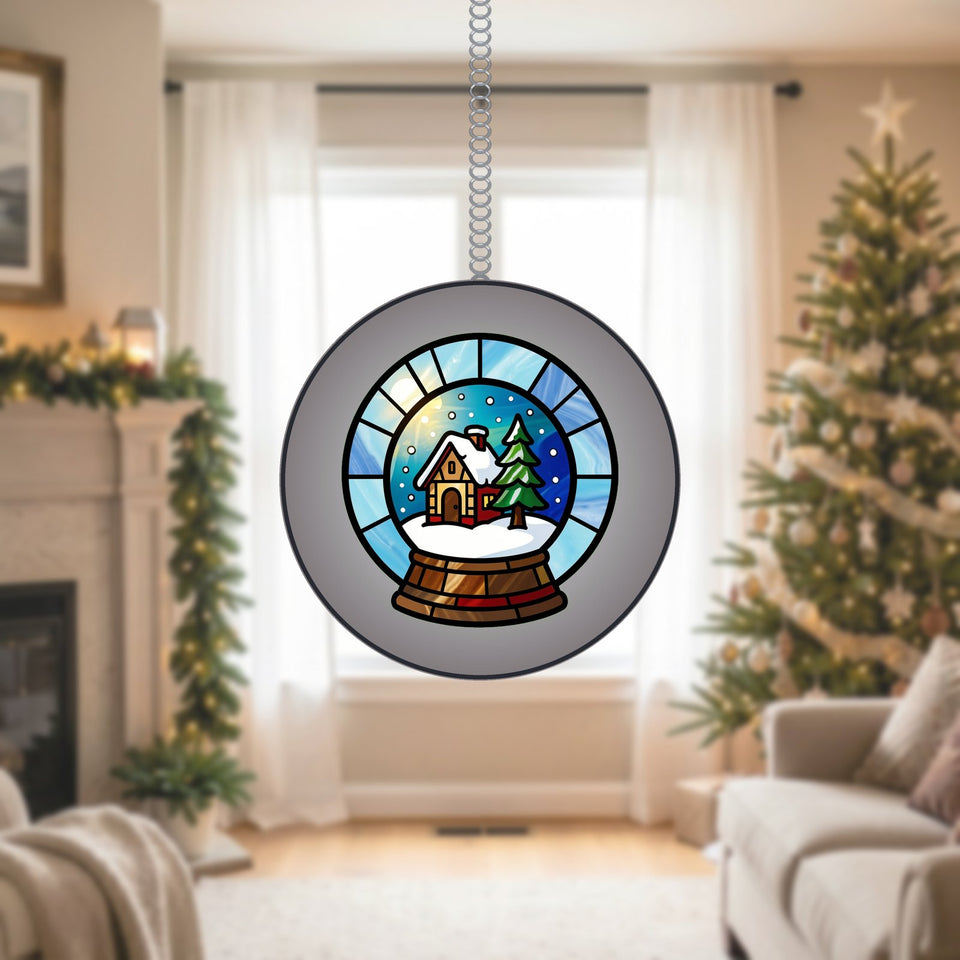 Snow Globe Cabin Circle Stained Glass Suncatcher