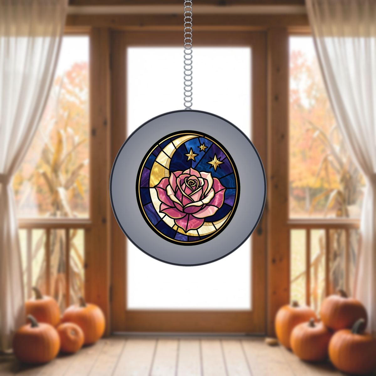 Celestial Rose Moon Circle Stained Glass Suncatcher