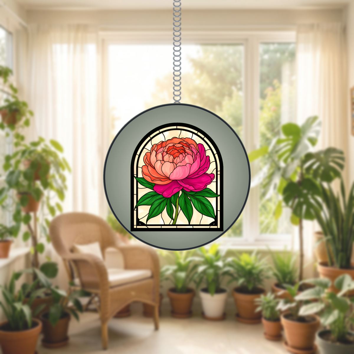 Peony Bloom Arch Stained Glass Suncatcher