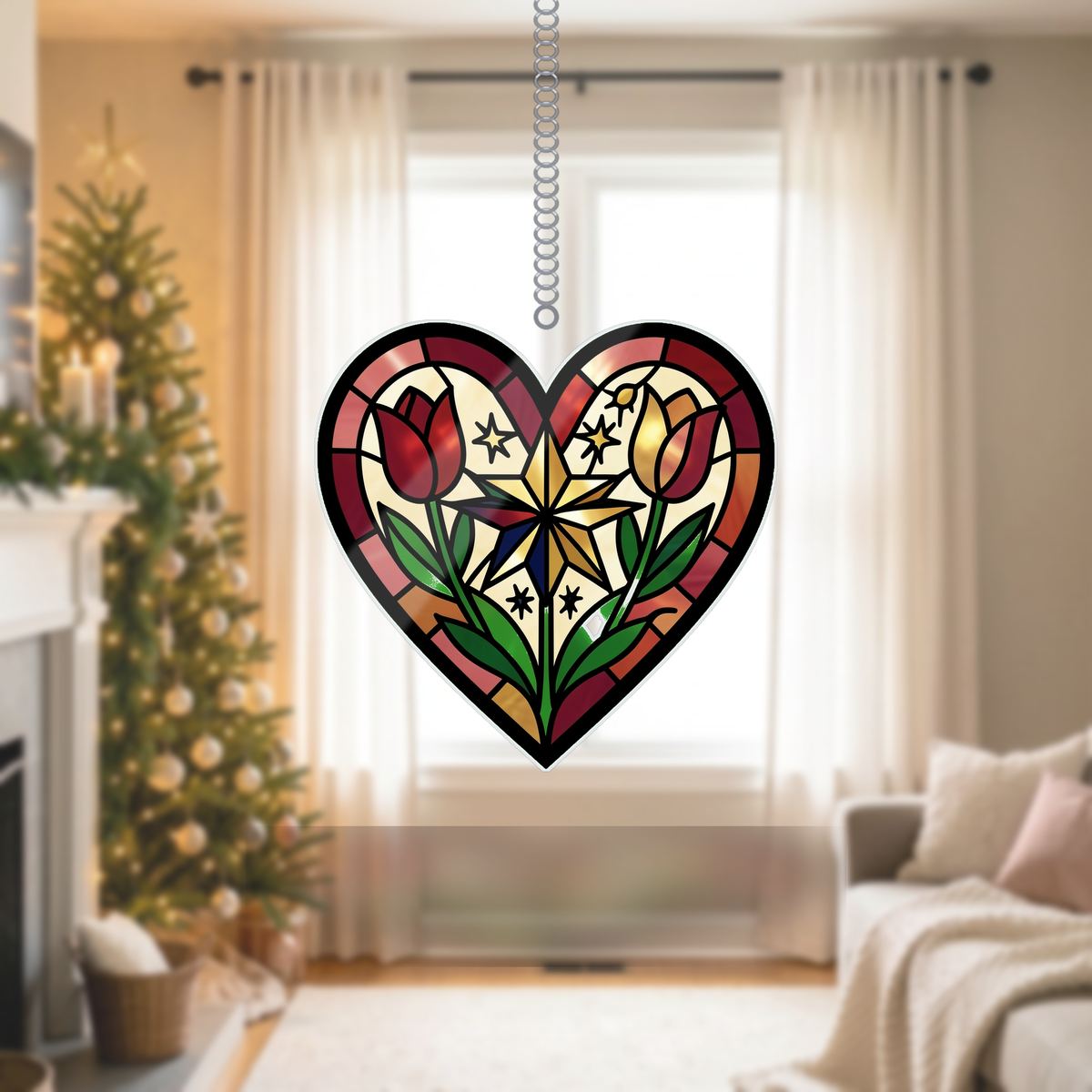 Nordic Folk Heart Wreath Wavy Acrylic Suncatcher Ornament