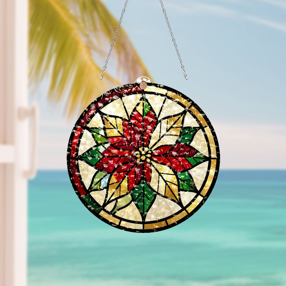 Poinsettia Wreath Circle Water Ripple Suncatcher