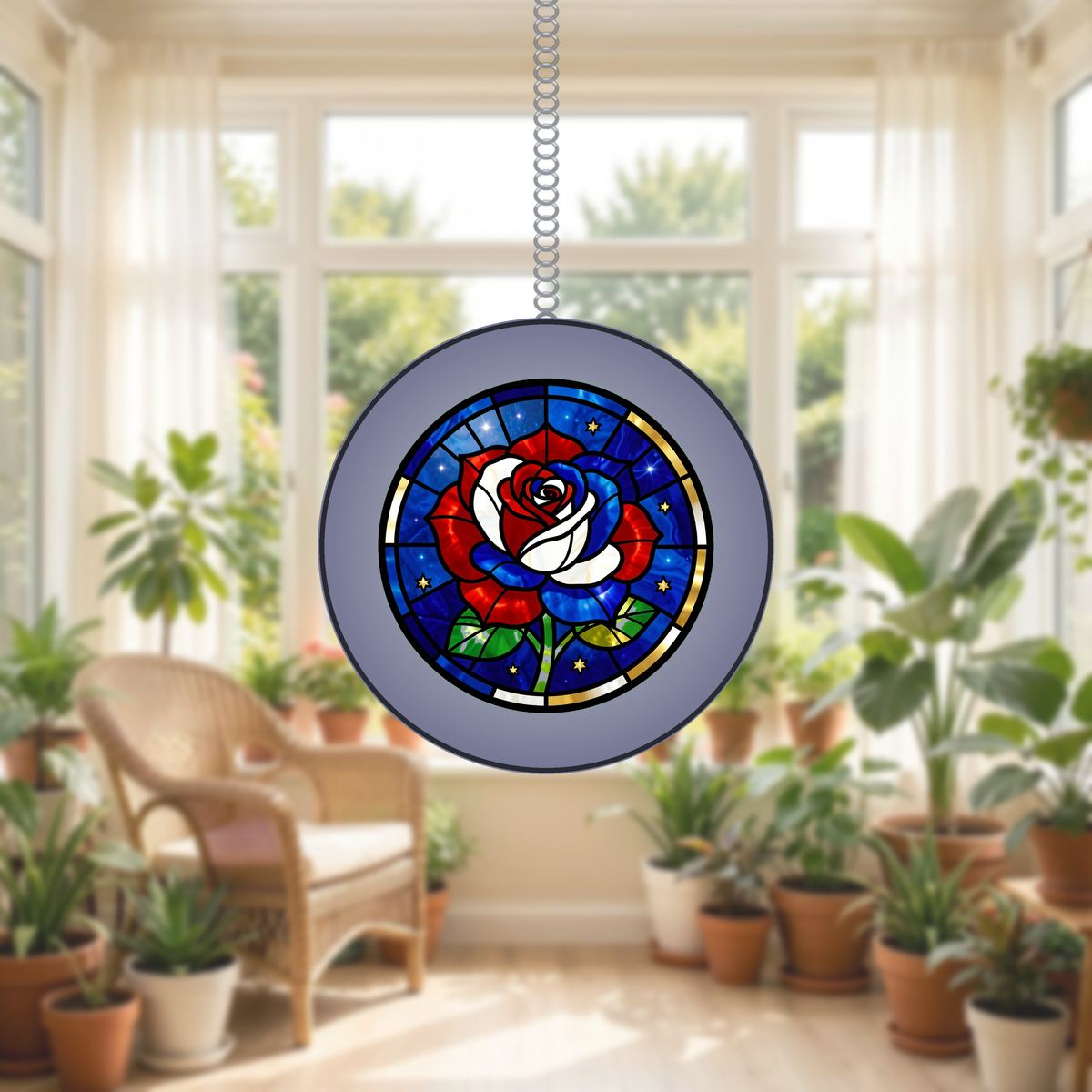 Old Glory Rose Circle Stained Glass Suncatcher