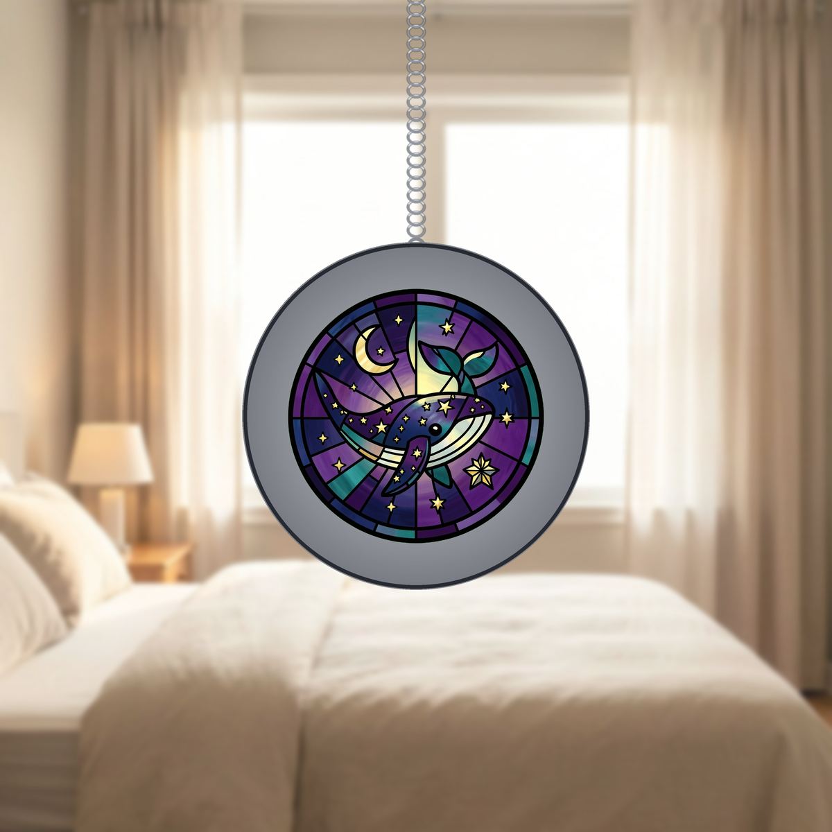 Starry Whale Night Circle Stained Glass Suncatcher
