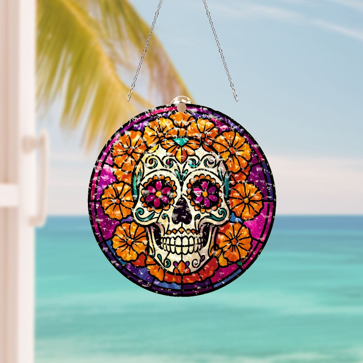 Marigold Sugar Skull Circle Water Ripple Suncatcher