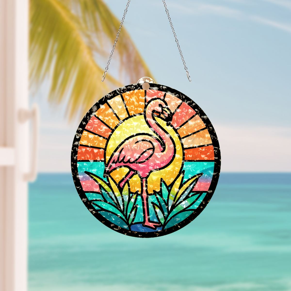 Pink Flamingo Sunset Circle Water Ripple Suncatcher