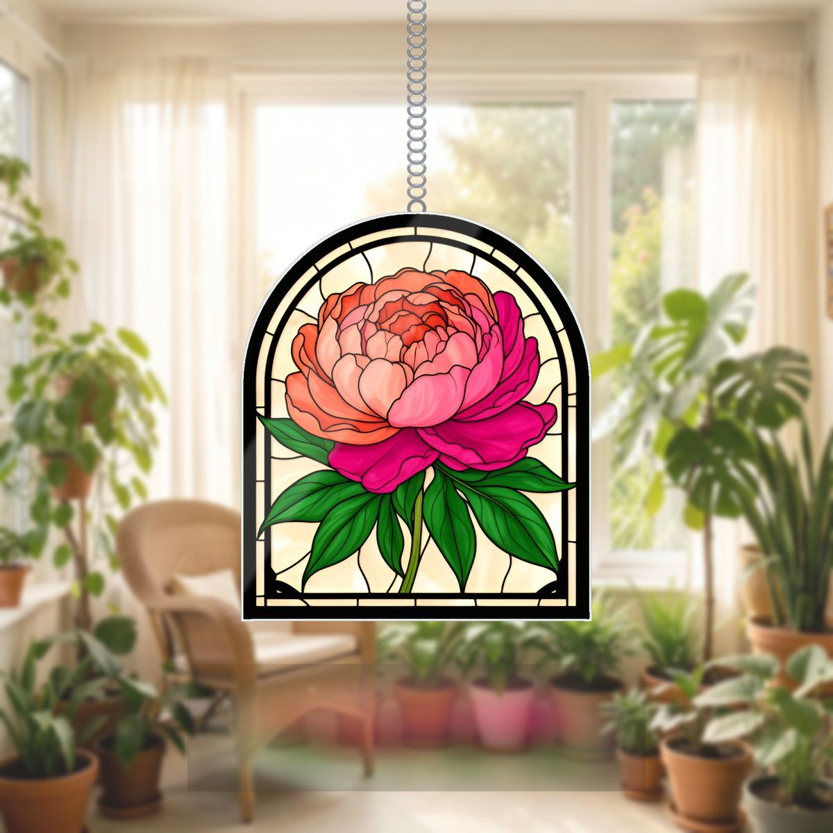 Peony Bloom Arch Wavy Acrylic Suncatcher Ornament