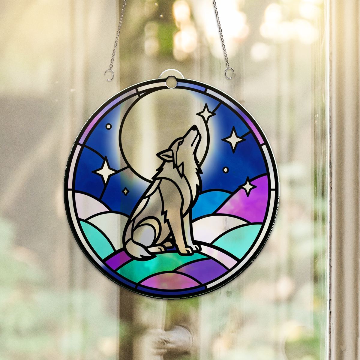 Howling Wolf Moon Circle Acrylic Suncatcher