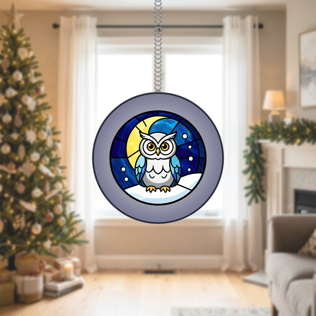 Snowy Owl Winter Moon Stained Glass Suncatcher