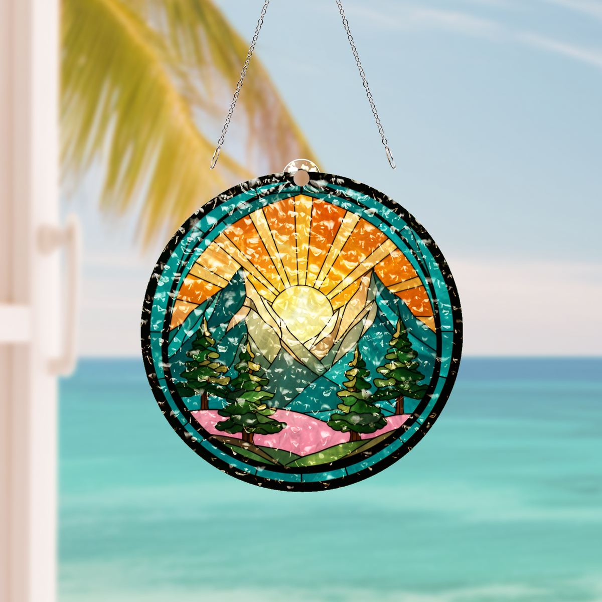 Mountain Pine Sunrise Circle Water Ripple Suncatcher