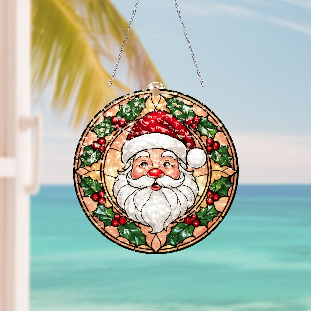 Santa Face Holly Circle Water Ripple Suncatcher