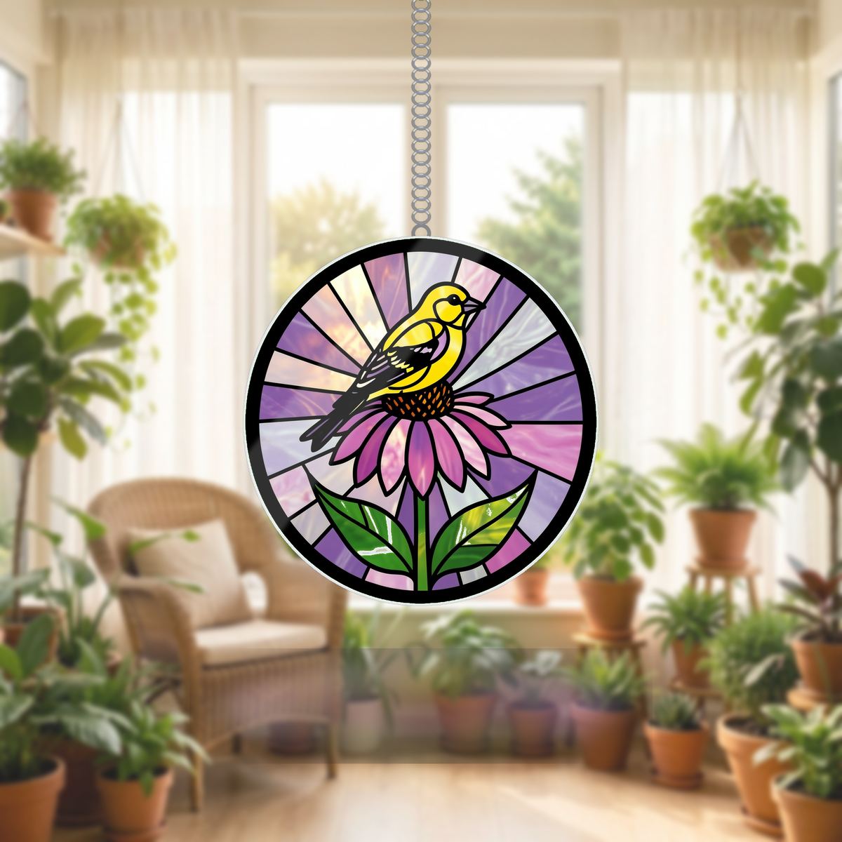 Goldfinch Coneflower Circle Wavy Acrylic Suncatcher Ornament