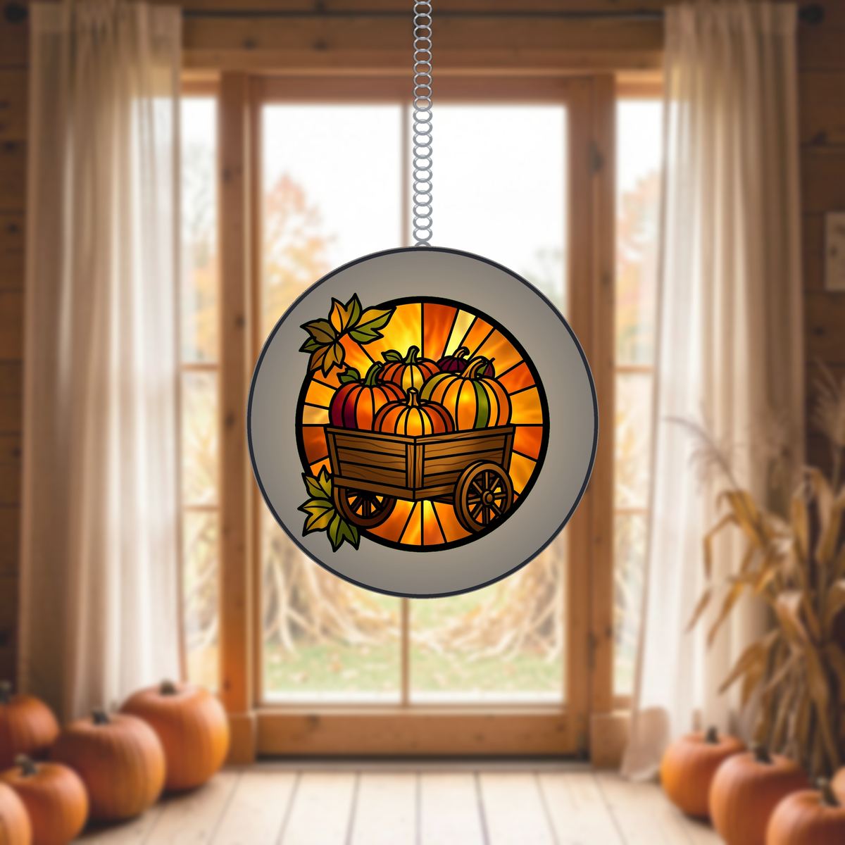 Autumn Pumpkin Cart Circle Stained Glass Suncatcher