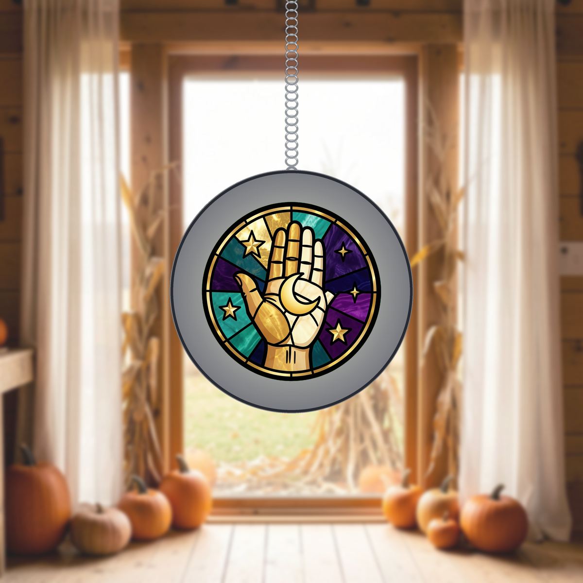 Celestial Hand Moon Circle Stained Glass Suncatcher