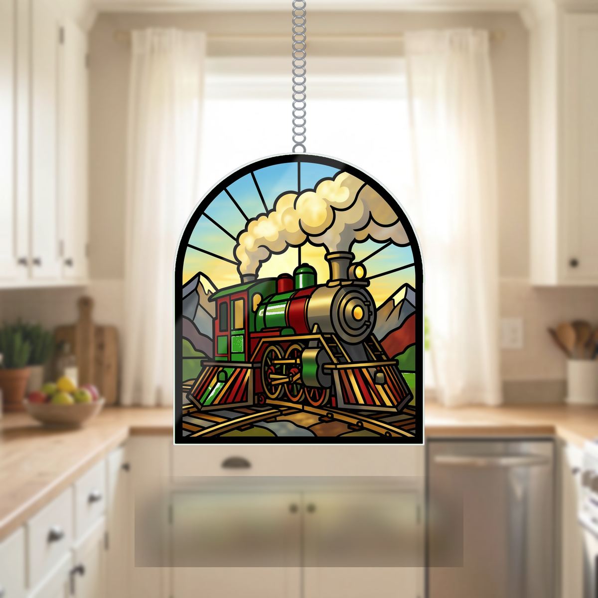 Vintage Steam Train Arch Wavy Acrylic Suncatcher Ornament