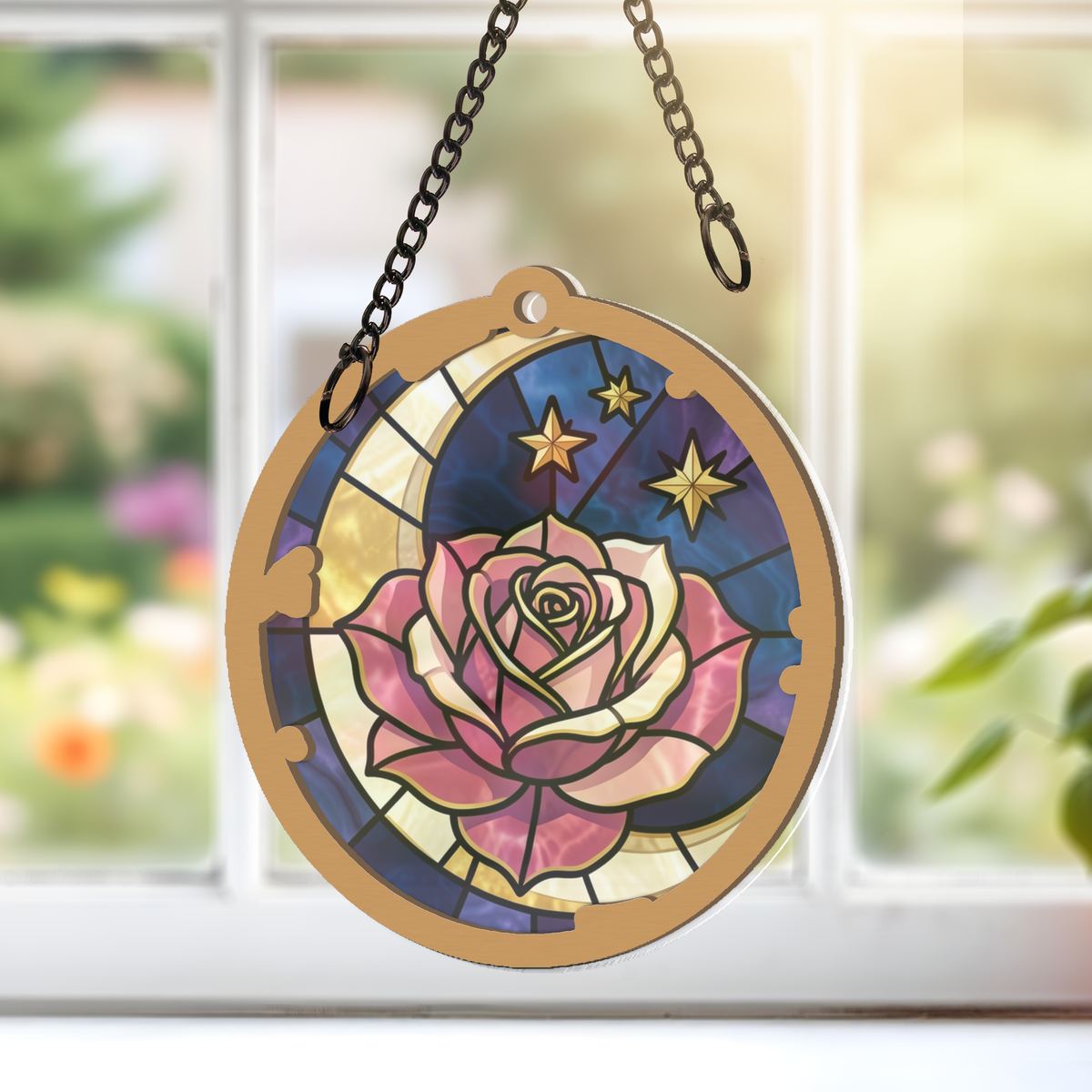 Celestial Rose Moon Circle Window Hanging Suncatcher
