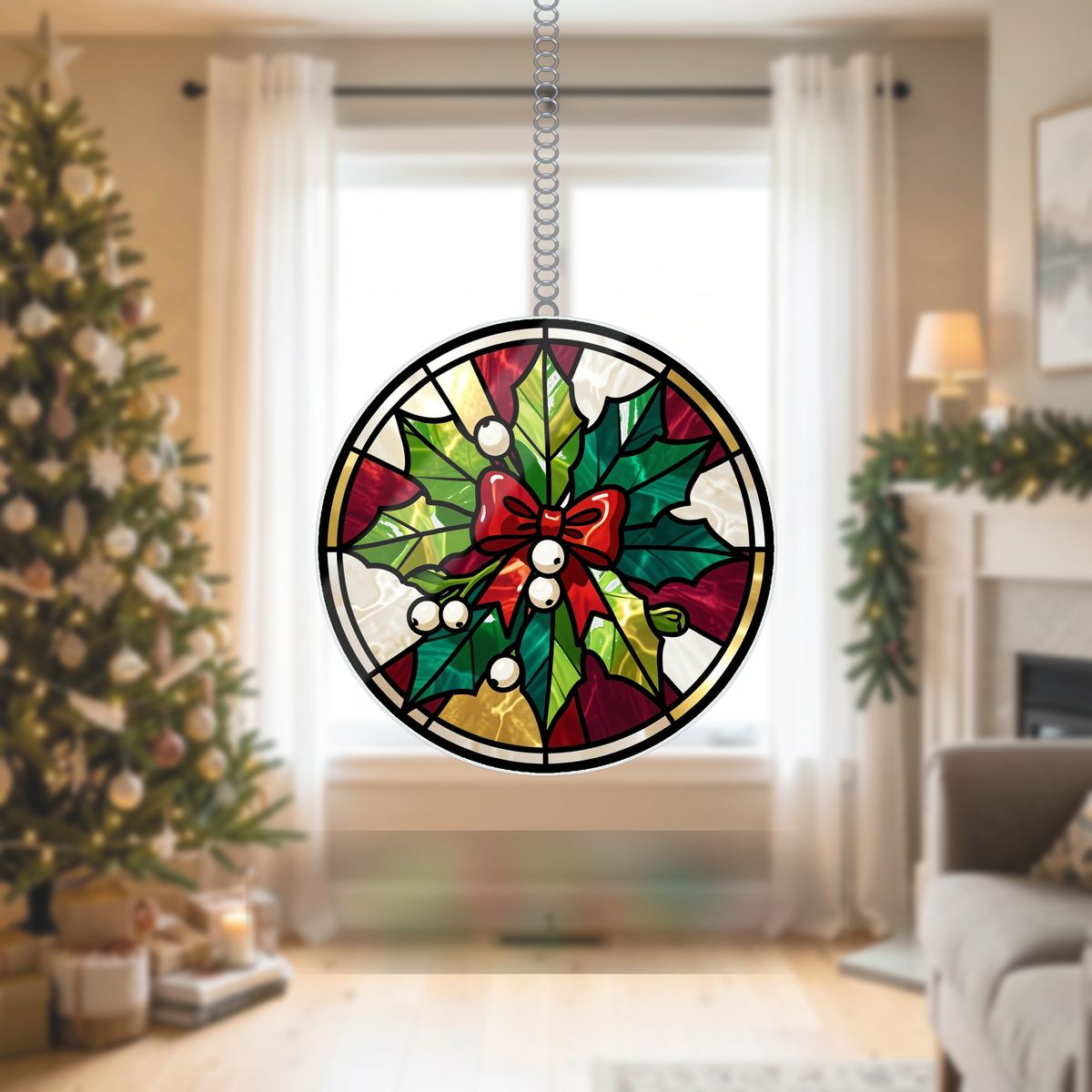 Mistletoe Bow Circle Wavy Acrylic Suncatcher Ornament