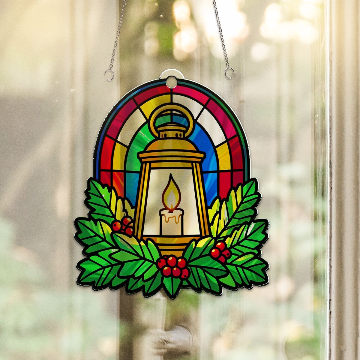 Holiday Lantern Evergreen Arch Acrylic Suncatcher