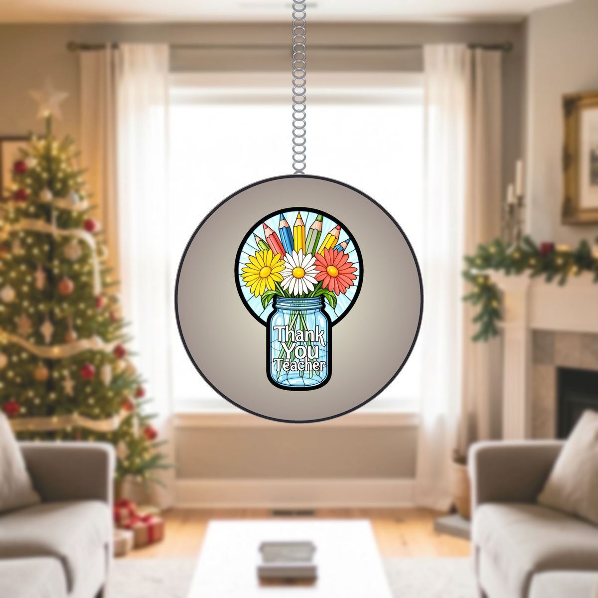 Teacher Flower Jar Circle Stained Glass Suncatcher